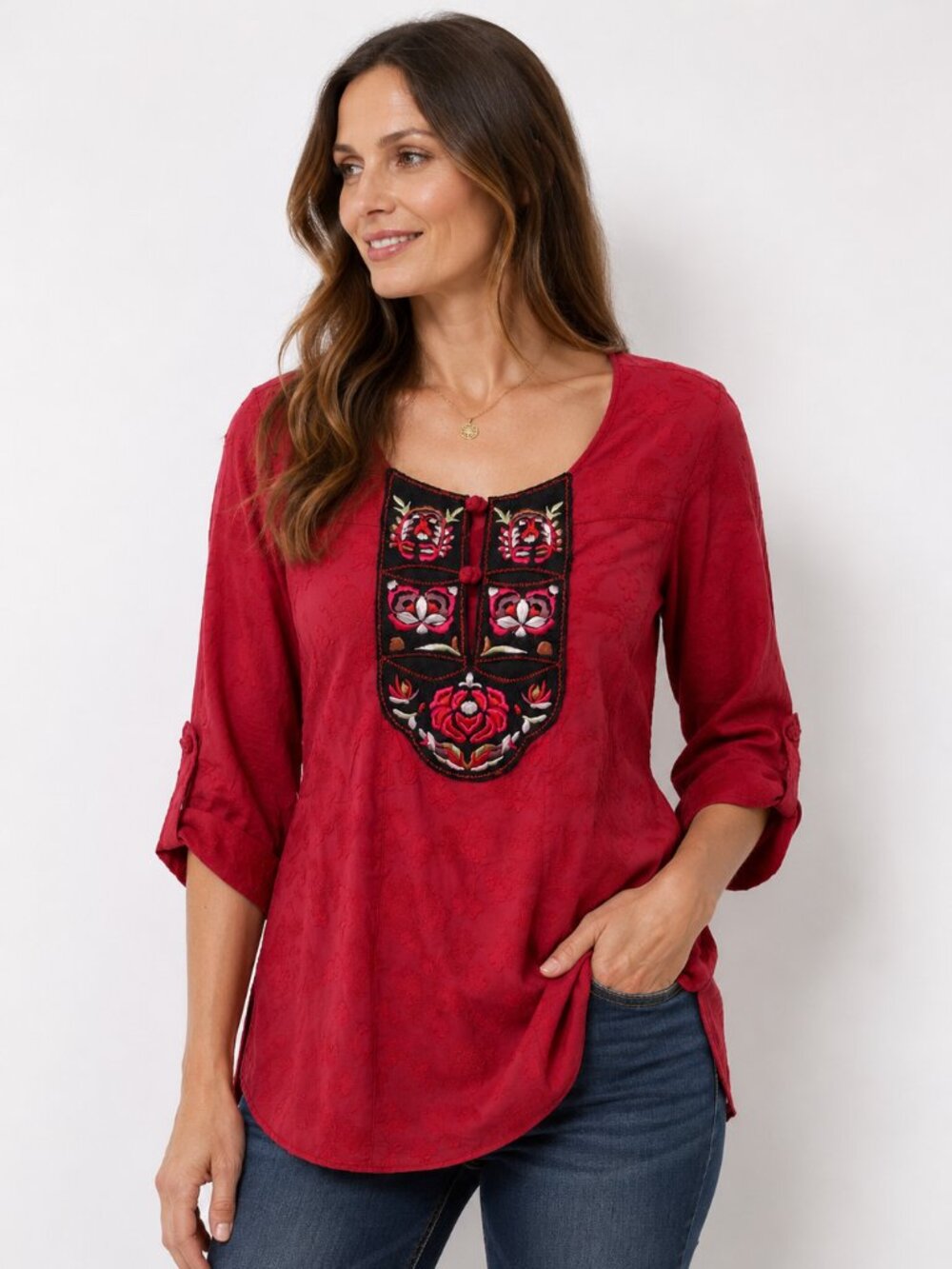 Chelsea & Violet Embroidered Boho Peasant Blouse Red Cotton 3/4 Sleeve M